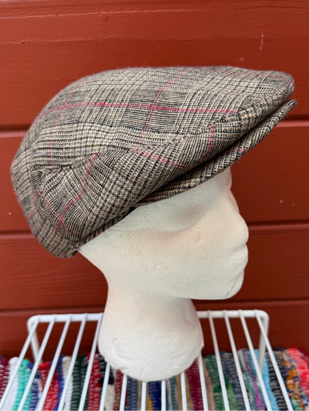 Brixton Brown Plaid Newsboy Cap with Red Accents